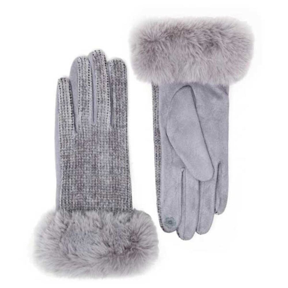 Women's Gray Gloves Faux Fur Chenille Smart Gloves Finger Text